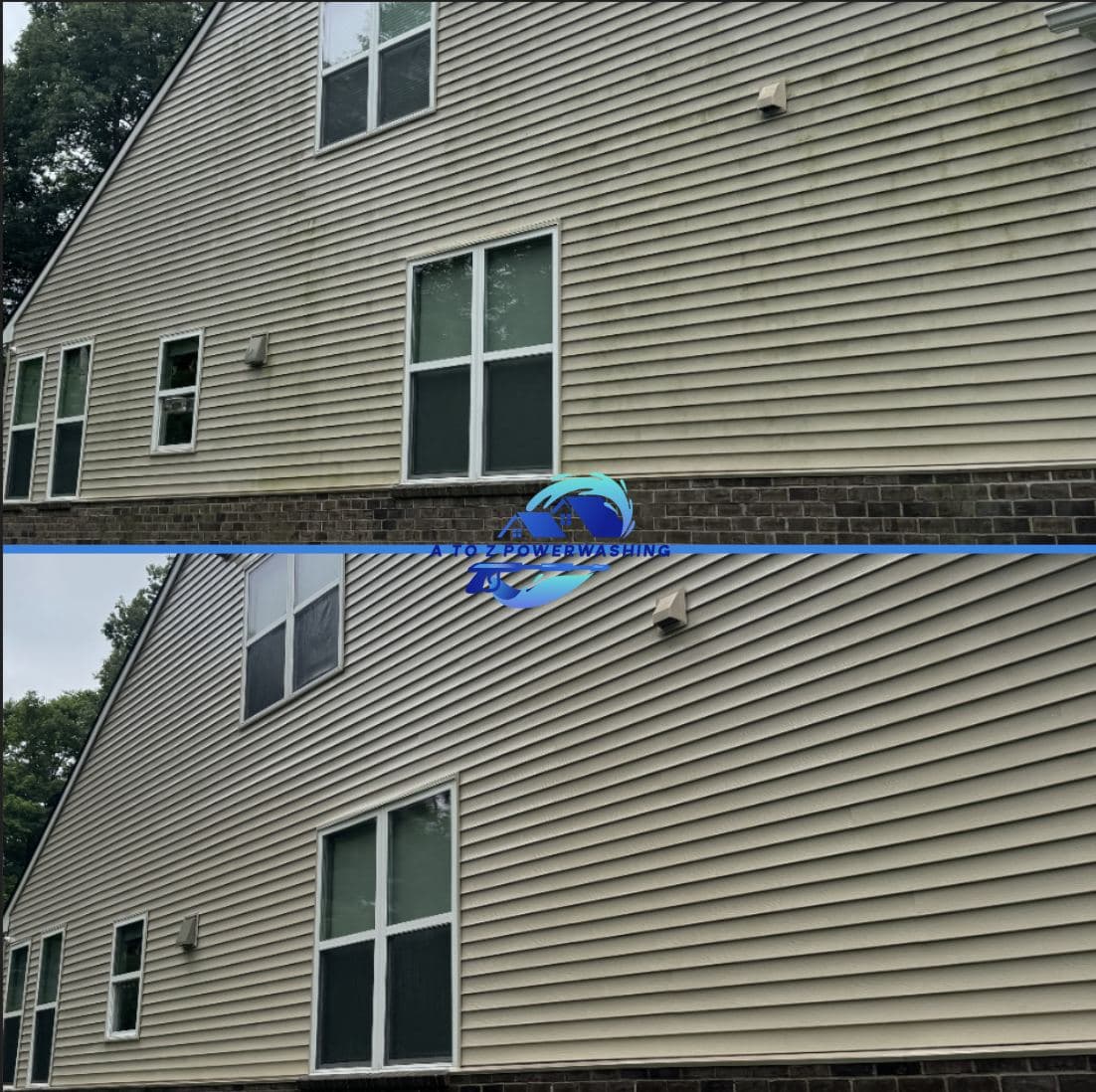Before and after house wash on tall two story vinyl siding