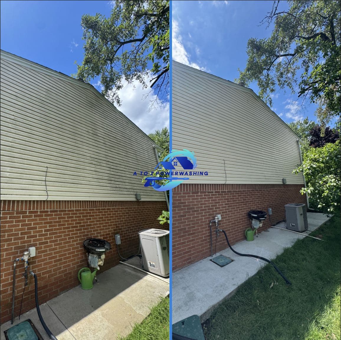 Before and after house wash on vinyl siding over brick under mature trees