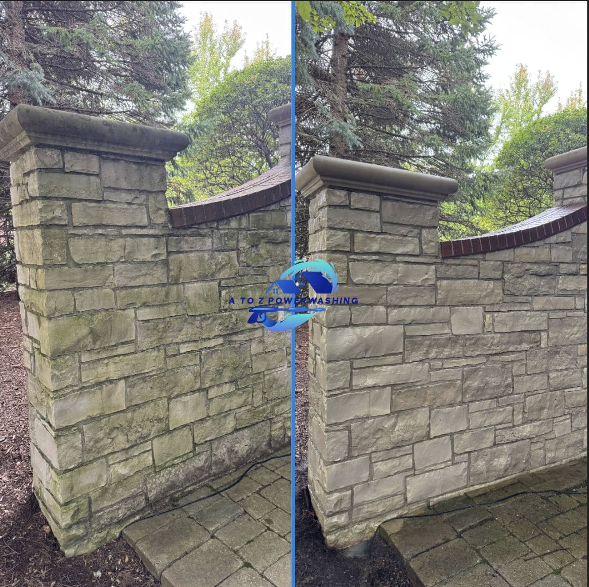 Before and after cleaning of a stone pillar and garden wall