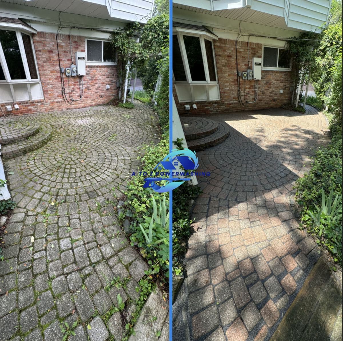 Before and after cleaning of a circular paver patio by a brick home
