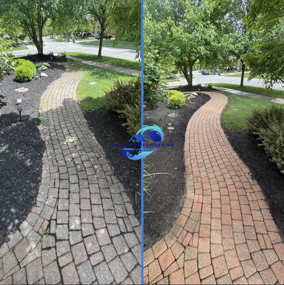 Before and after cleaning of a curved brick paver walkway