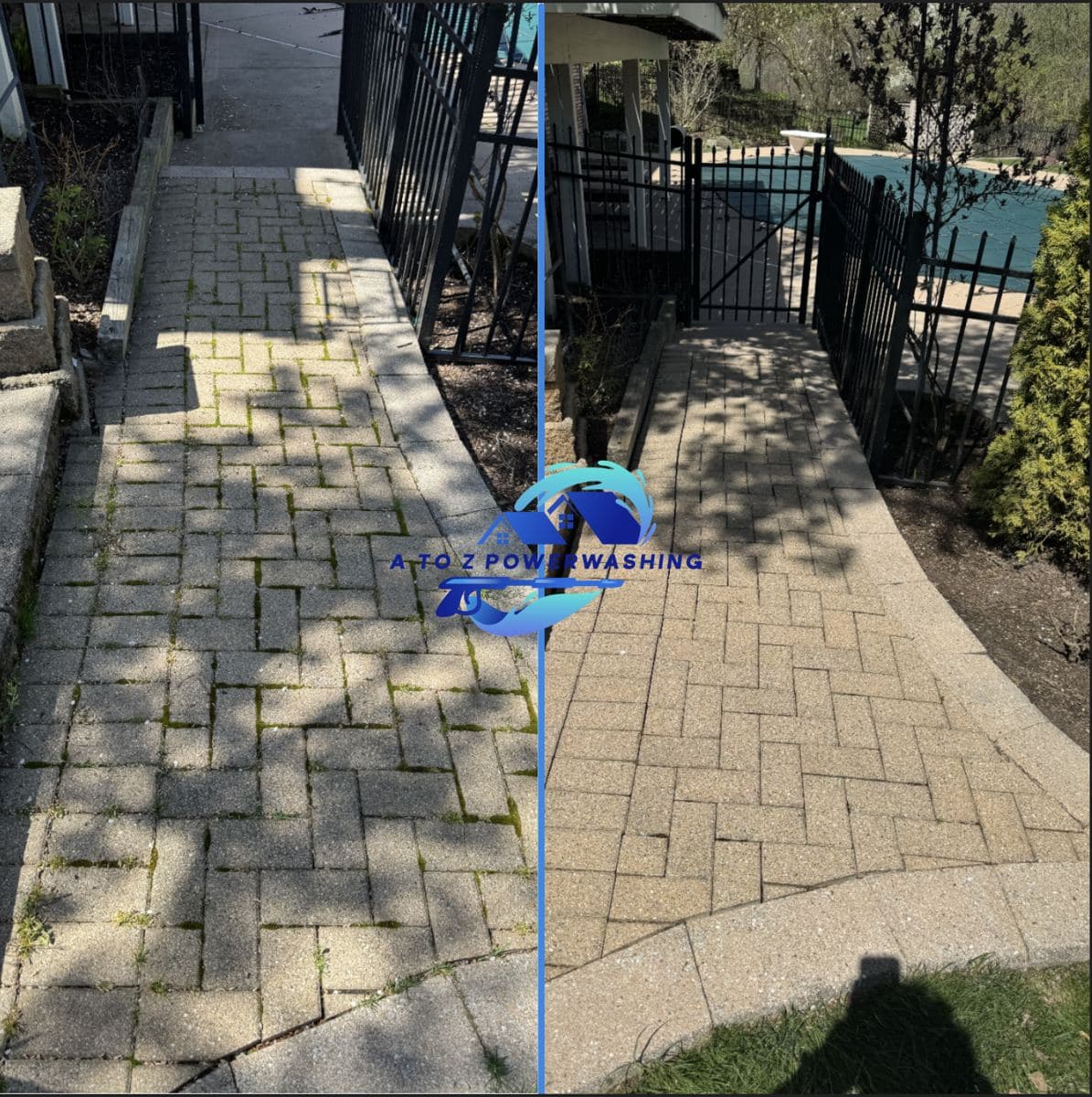 Before and after cleaning of a herringbone paver walk by a pool
