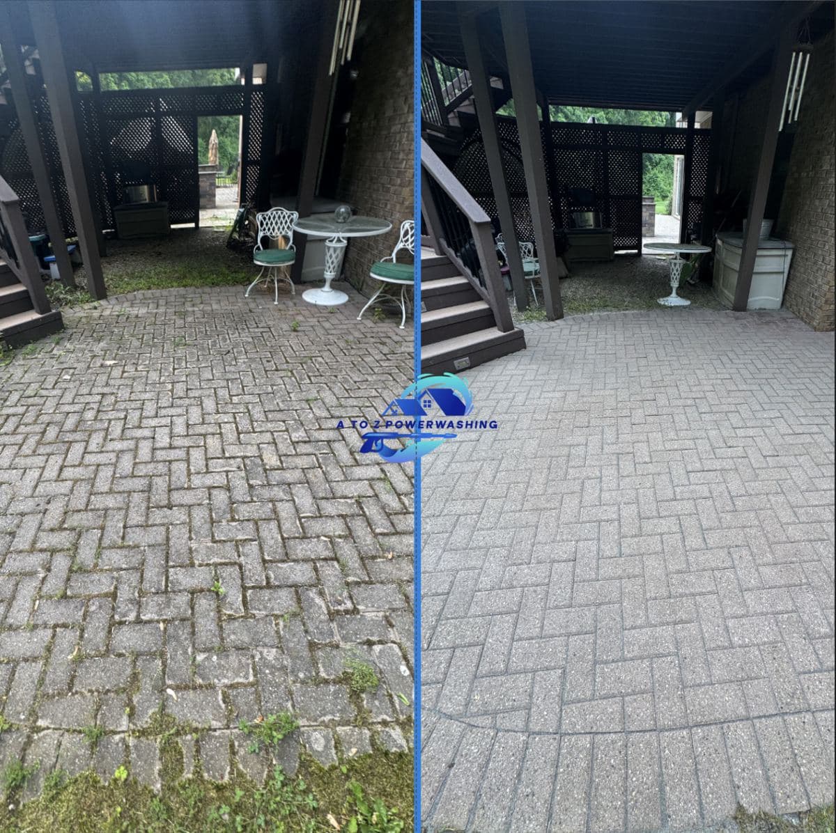 Before and after cleaning of a herringbone paver patio under a deck