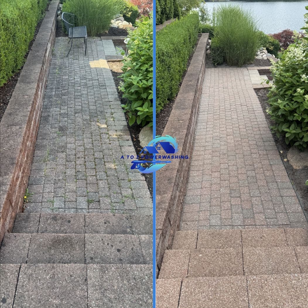 Before and after cleaning of a paver walkway leading to a lake