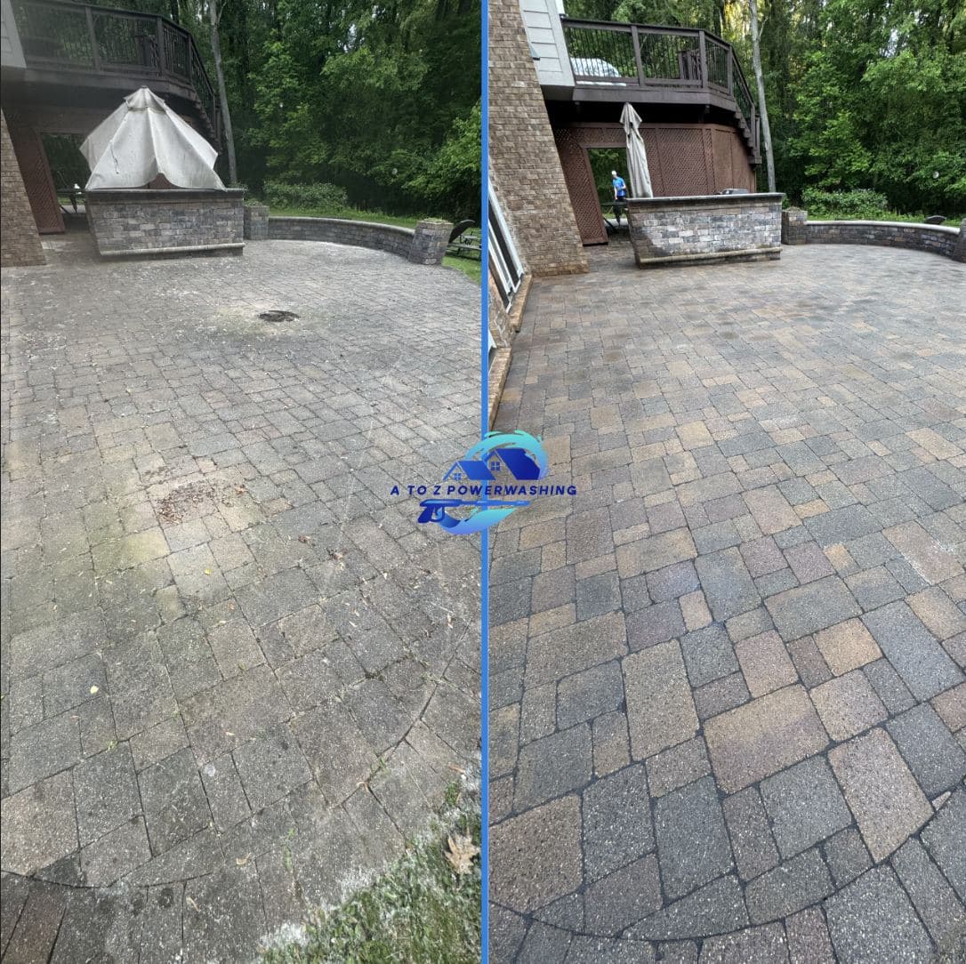 Before and after cleaning of a paver patio with an outdoor kitchen