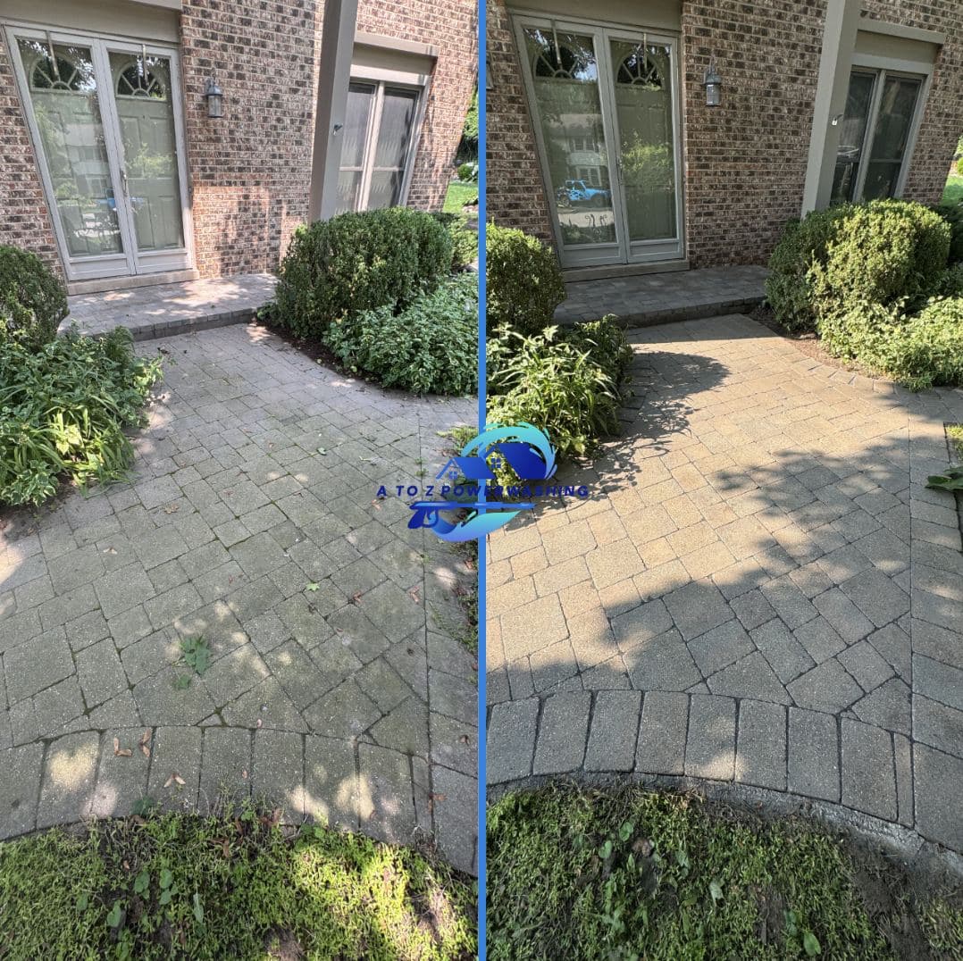 Before and after cleaning of a paver patio outside French doors