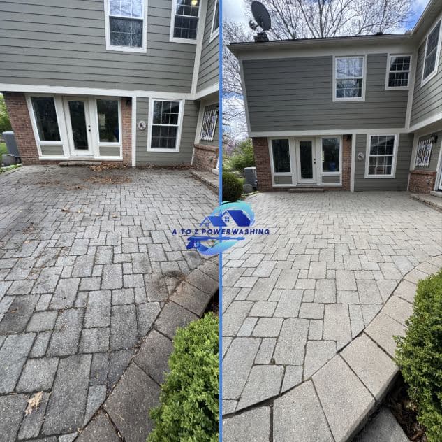 Before and after cleaning of a paver patio behind a colonial