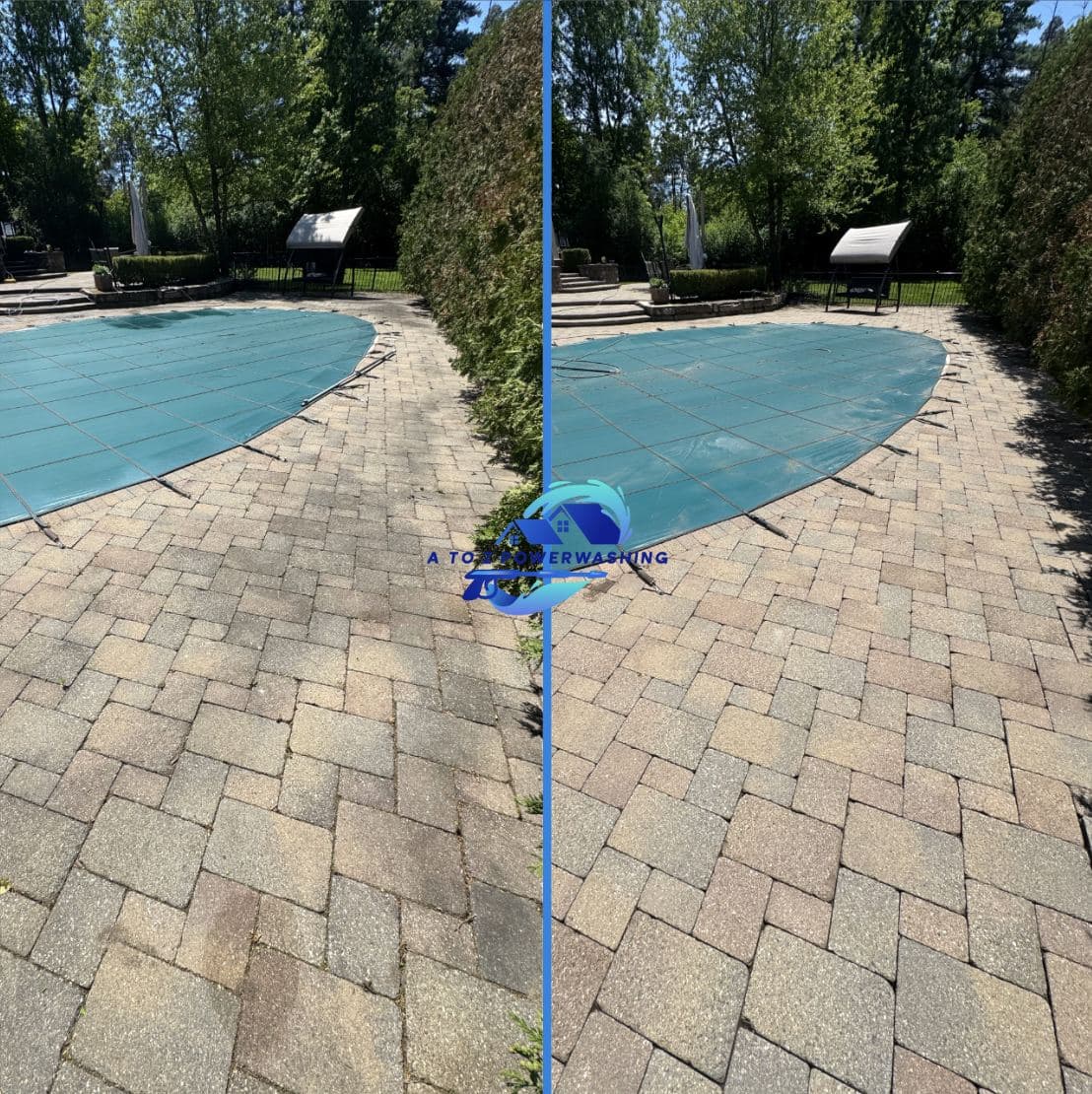 Before and after cleaning of a paver pool patio