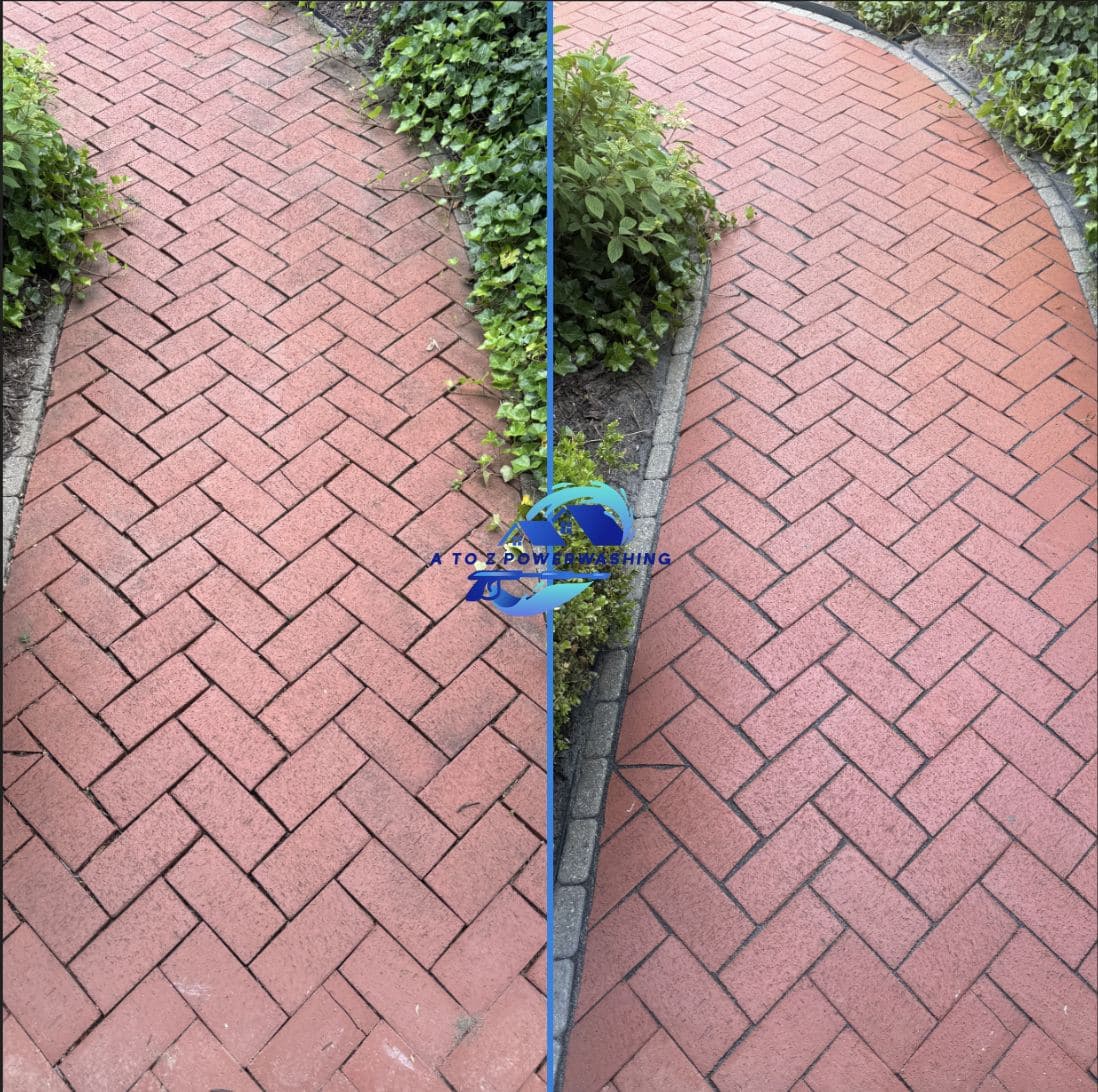Before and after cleaning of a red brick herringbone walk