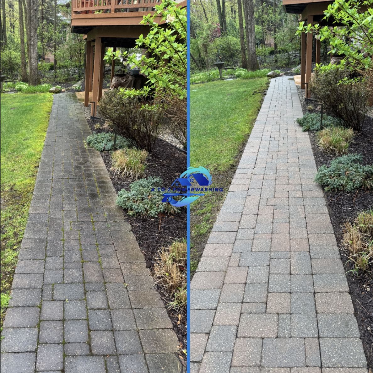 Before and after cleaning of a paver walkway on a wooded lot